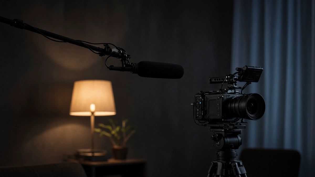 Cinema camera and boom mic on an interview set