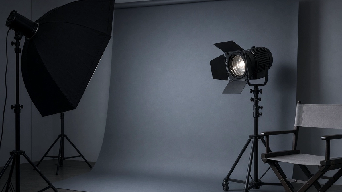 Photography studio with softbox and seamless backdrop