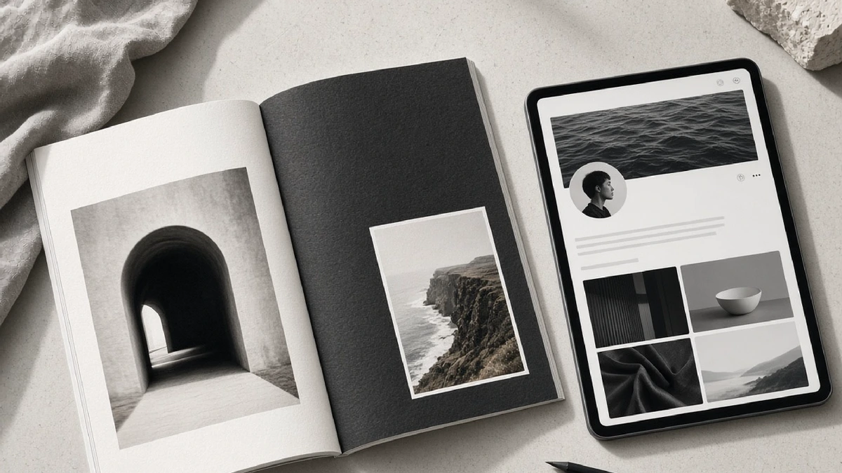 Open print magazine beside a tablet profile